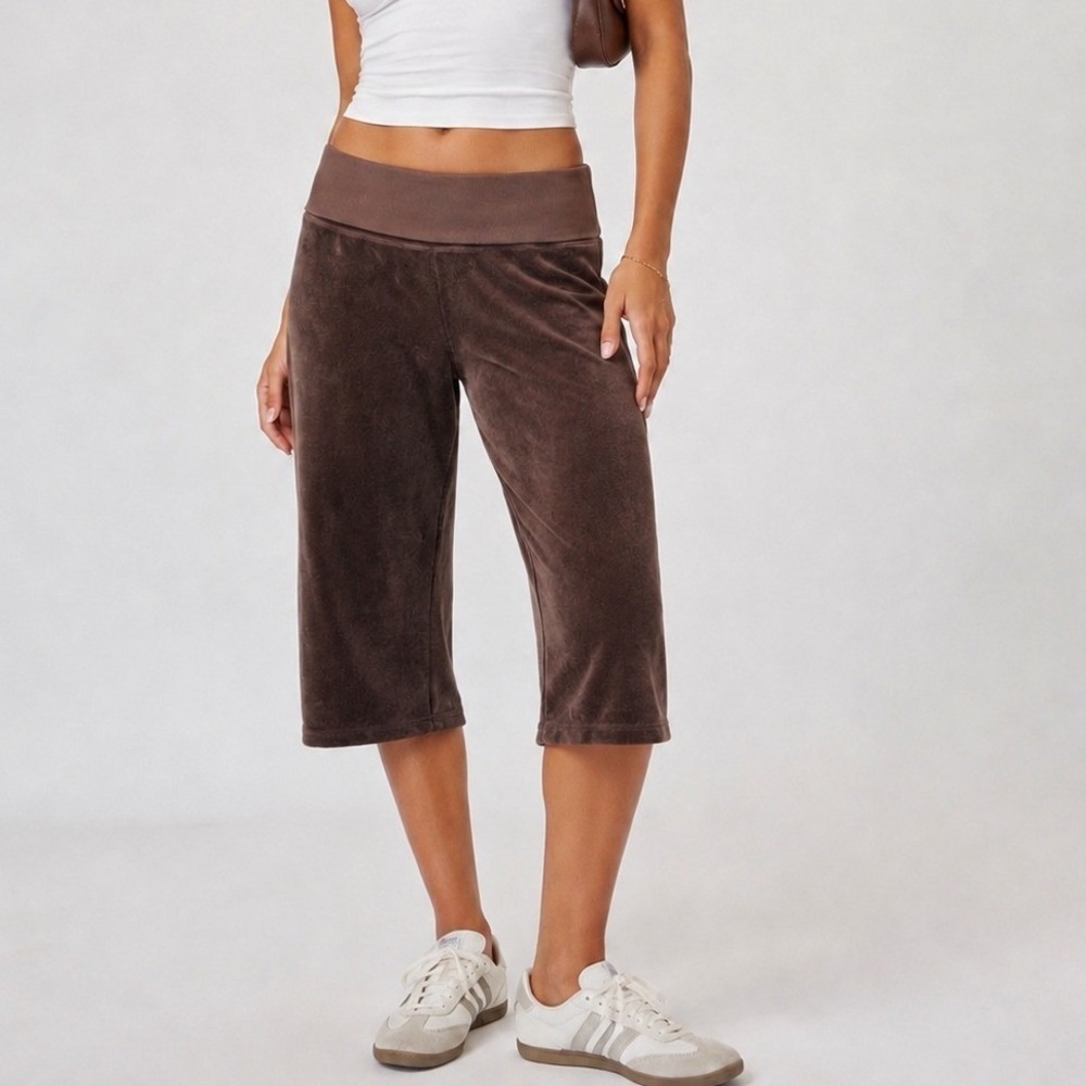 Y2k Juicy Couture M Fold Over Waist Velour Cropped Track Pants Brown Vtg Capris